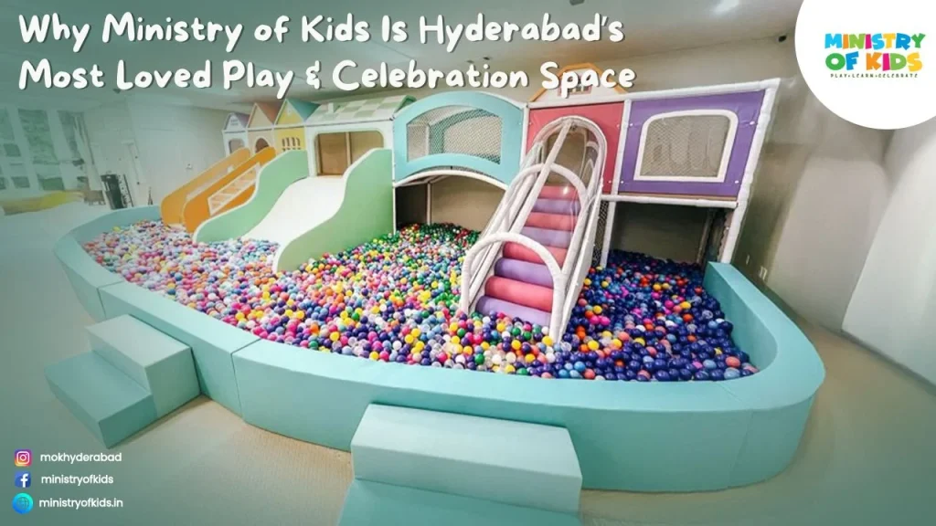 ChatGPT said: A colorful indoor children’s play and celebration space in Hyderabad with a large ball pit, slides, climbing structures, and pastel-colored play equipment, promoting Ministry of Kids as a popular destination for play and celebrations.