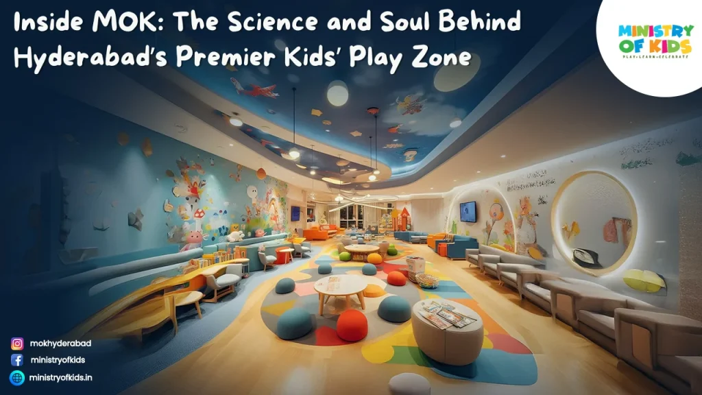 Inside a colorful kids’ play zone in Hyderabad featuring playful murals, themed ceiling decorations, colorful seating, activity tables, and a spacious child-friendly environment.