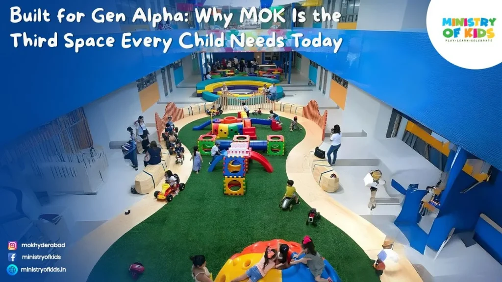 Gen Alpha children playing and socializing in a colorful indoor play space with climbing structures, slides, ride-on toys, and activity areas at Ministry of Kids.